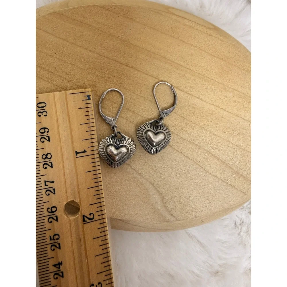 Silver Toned Puffy Heart Leverback Dangle‎ Earrings